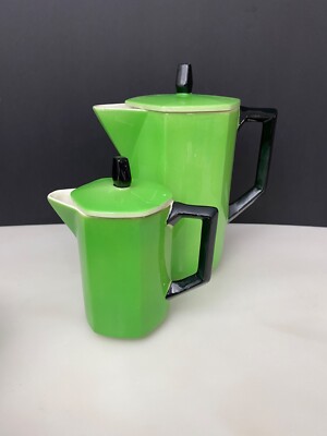 2  T.B.I. Co. Germany 1950's Octagon Green & Black ART DECO lidded Pitchers Jugs