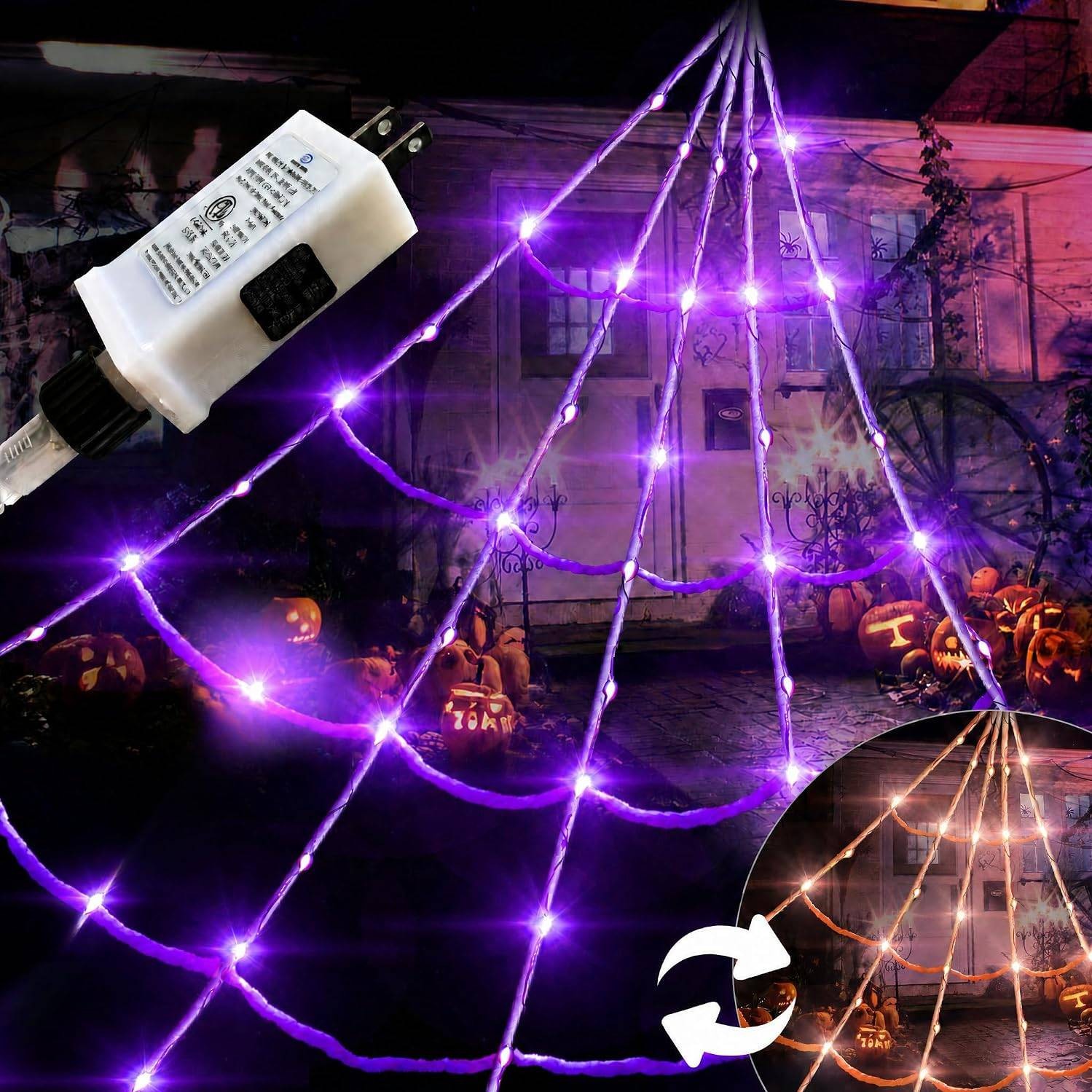 20 * 17FT Halloween Spider Web 250 Led Purple&Orange Lights Light Up Lighted