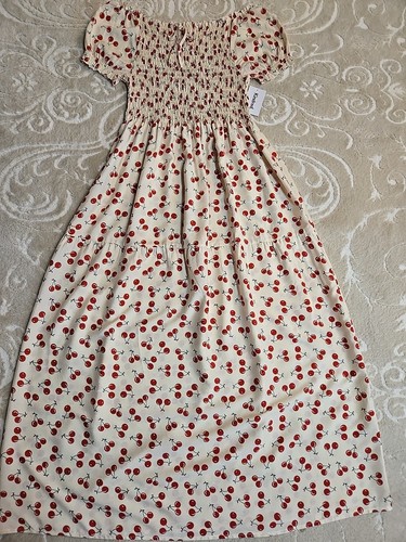 NWT Anthropologie Kindred Smocked Cream Red Maxi Cherry Dress Size 2X Rayon