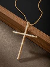 Pave CZ Large Cross Pendant Necklace Women Gold Silver Tone Chain 18"-20" Dainty