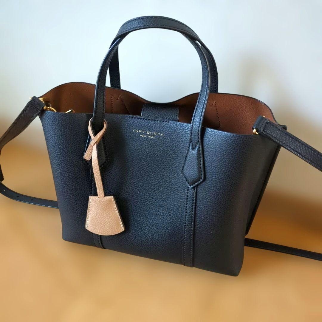 Tory Burch Perry Small Pebbled Leather Black Tote Bag with Crossbody Strap