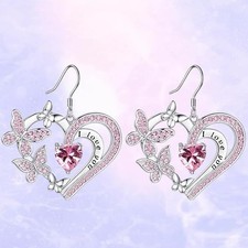 Luxury Pink Heart Butterfly Necklace Earrings Set CZ Love Gift Jewelry Women