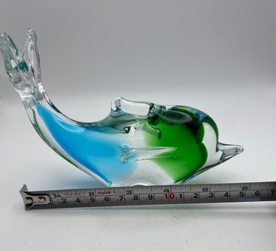 Vintage Delphin Kunst Glas klar grün und blau Briefbeschwerer