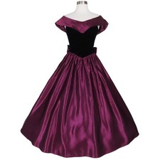 Vintage 80s 90s Burgundy Velvet Satin Full Skirt Prom Gown Party Dress S Small