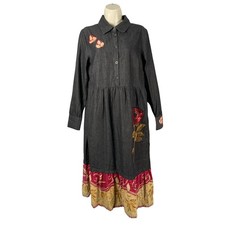 Nine West Dress Womens Medium Chambray Midi Sequin Rose Appliques Upcycled