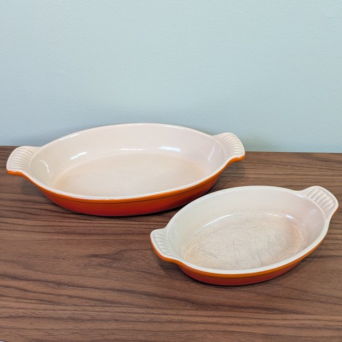Lot 2 Le Creuset Flame Orange Ombre Oval Au Gratin Casserole Dishes 8x6 & 11x8