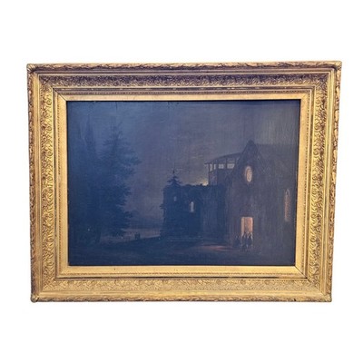 19th C Gothic Revival Nocturne Oil on Panel James S. Earle Label 1879