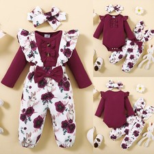 Newborn Baby Girl Ruffle Romper Tops Floral Dungaree Pants Outfit Set Clothes