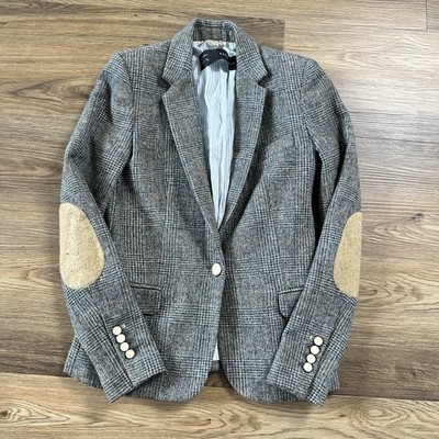 Zara Women s Size XS Blazer Jacket Shetland Wool Plaid Gray Tweed Elbow Patches