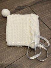 Hand Crochet White Baby Bonnet New. Satin Ties. Baptism -Welcome-Shower Gift.