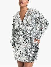 Boohoo Silver Sequin Women's Wrap Dress Party Midi Dress Size US 14