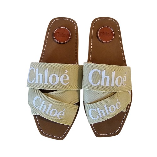 Chloe Woody Flat Mule Slide Sandals Canvas Logo Beige Tan US 11 EU 41