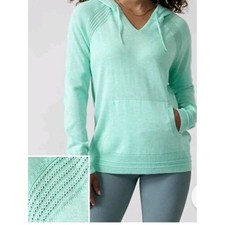 Athleta Evergreen Hoodie Sweater Mint Green Medium Knit V-Neck Kangaroo Pocket