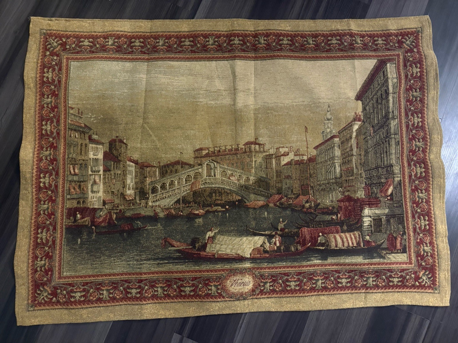 Belgian Woven Wall Tapestry Venice Rialto Bridge Large 53x37 Flemish Masterpiece