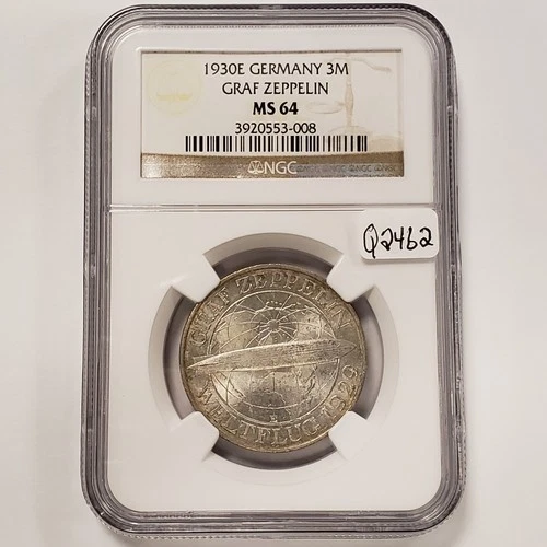 1930-E Germany Weimar Graf Zeppelin 3 Mark  .2411 oz ASW - NGC MS 64 - Q2462