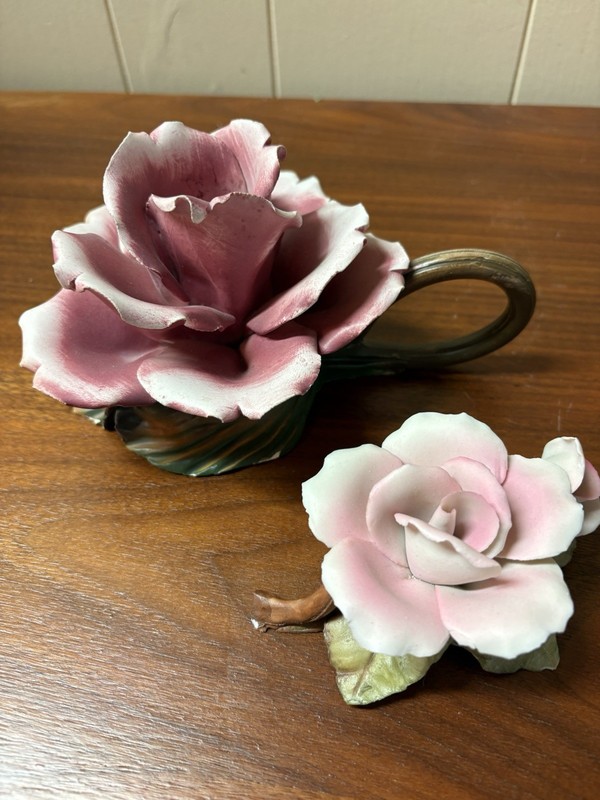 TWO Delicate Porcelain White Rose With Green Stem And Leaves Made