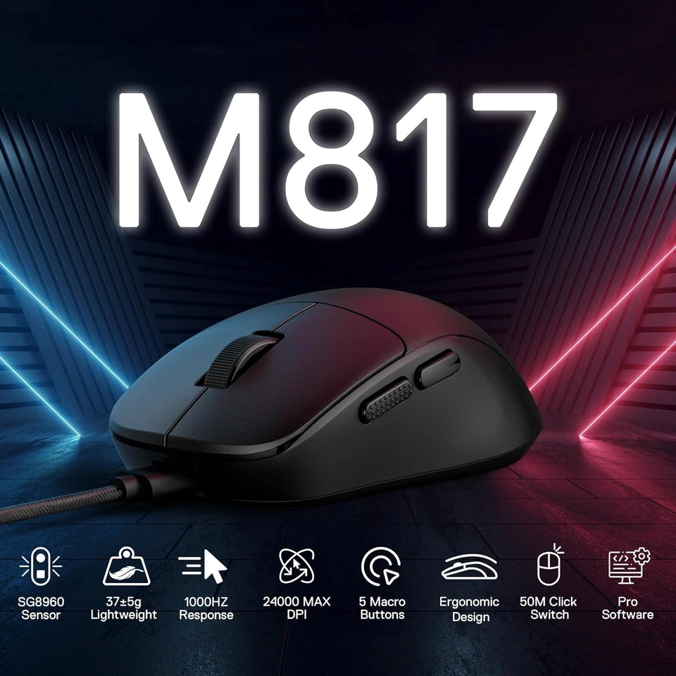 Redragon M817 Ultra-Light Wired Gaming Mouse 37g – 24K DPI, 5 Buttons (Black) - Image 2 of 4