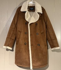 350 Guess Men's Brown Button Up Double Breasted Faux-Shearling Coat Size Small