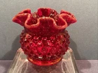 Fenton Ruby Red Hobnail Ruffle Edge Vase 3” Mid Century Modern Glows