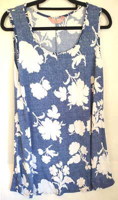 SJS Women Sleeveless L Summertime Dress Blue White Textured Floral Beachy Boho