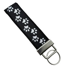 Black Paw Print Key Chain, Dog Key Fob,Fabric Cat Keychain on Black Background