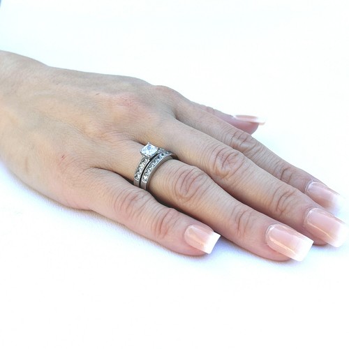 3 PCS All Stainless Steel His Hers Engagement Wedding Matching Band Ring Set - Picture 3 of 9