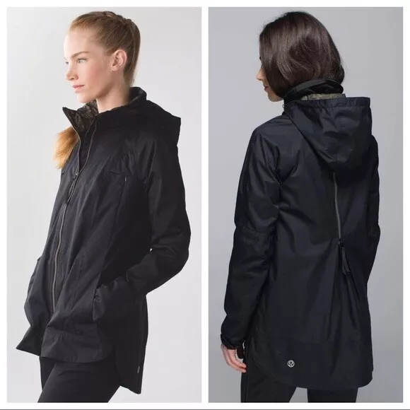 Lululemon Fo Drizzle Hooded Rain Coat Jacket Zipper Back Black 4 HTF Rare