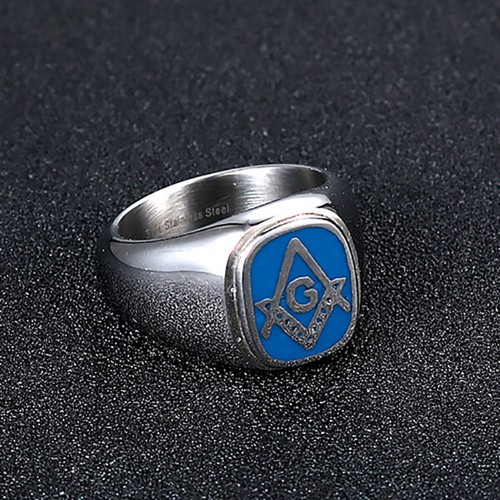 Men's Vintage Blue Enamel Masonic Ring Stainless Steel Freemason Biker Punk Ring - Picture 2 of 6