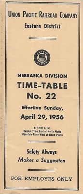 1956 Union Pacific RR Employee Time Table 22 Nebraska Division Eastern Dist. Karte
