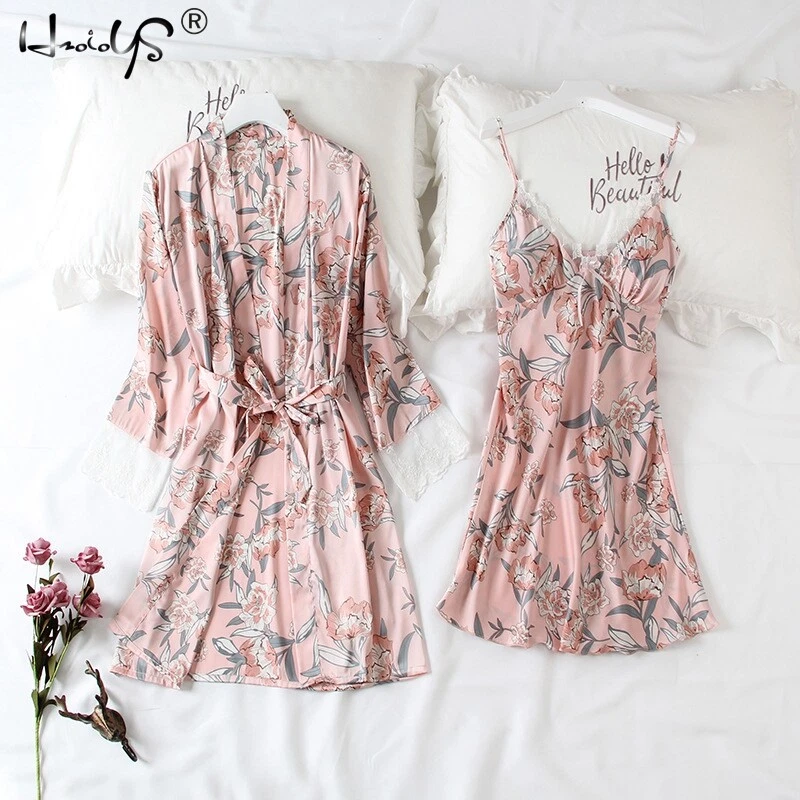 Women Silk Satin Nightdress Sexy Lace Print Robe Dress Sleepwear Kimono  Gown Set