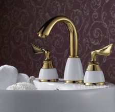 Luxury Gold Bathroom Basin Faucet Widespread 3 Hole Washroom Water Mixer Tap NEW