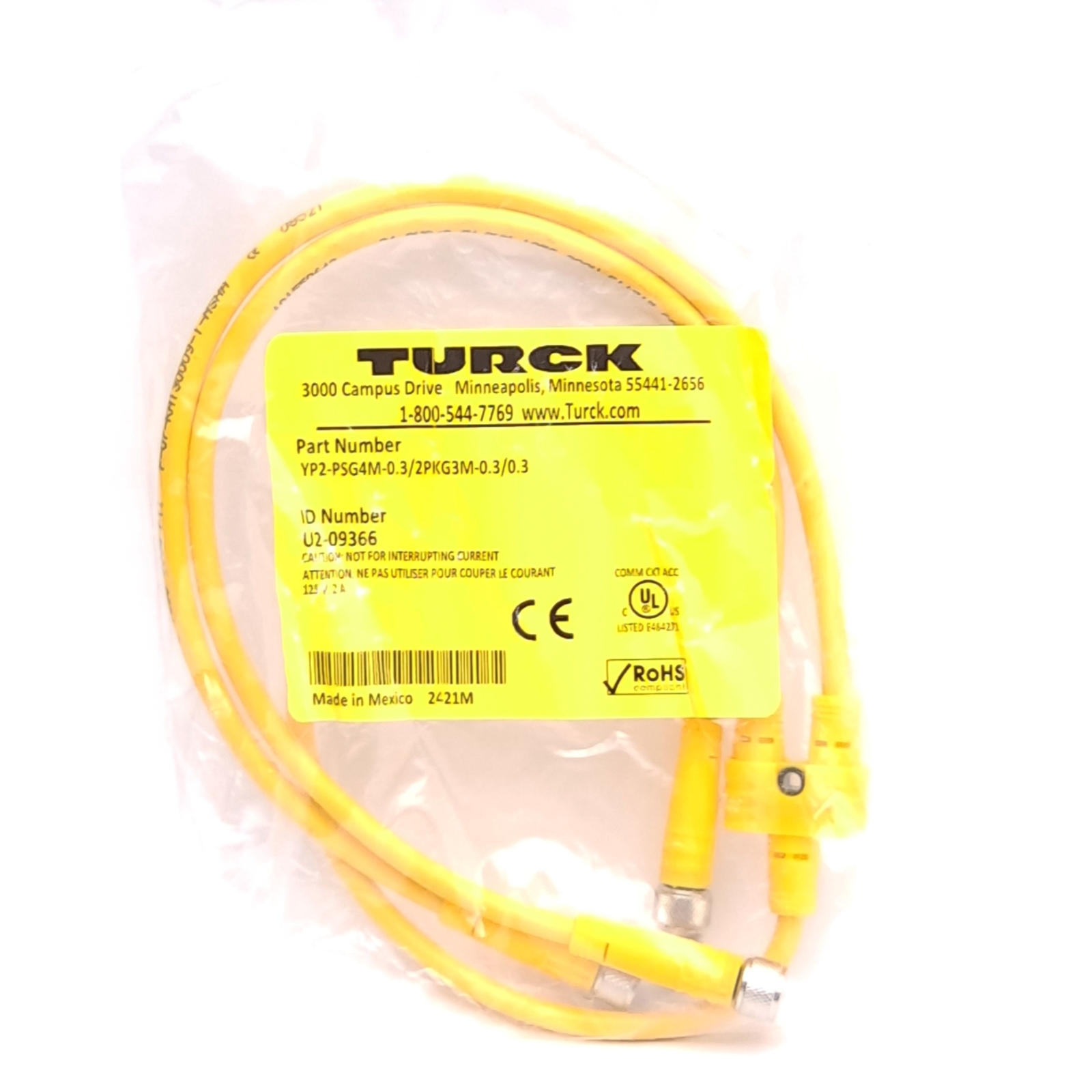 Turck YP2-PSG4M-0.3/2PKG3M-0.3/0.3 U2-09366 Splitter 1x M8 4-Pin M 2x M8 3-Pin F