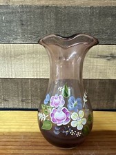 Fenton Glass Designed Vase for Teleflora Purple Amethyst Hand Painted Flowers 8"
