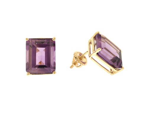 14K Yellow Gold Prong Set Emerald Cut Amethyst Stud Earrings - Picture 2 of 4