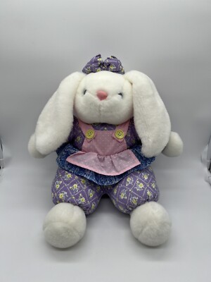 Vintage Easter Bunny Rabbit White Purple Floral Body 15  Plush Stuffed