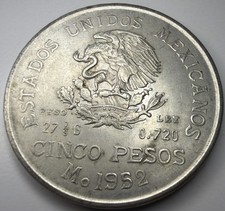 1952 Mexico Silver 5 Pesos Hidalgo Silver Coin I6