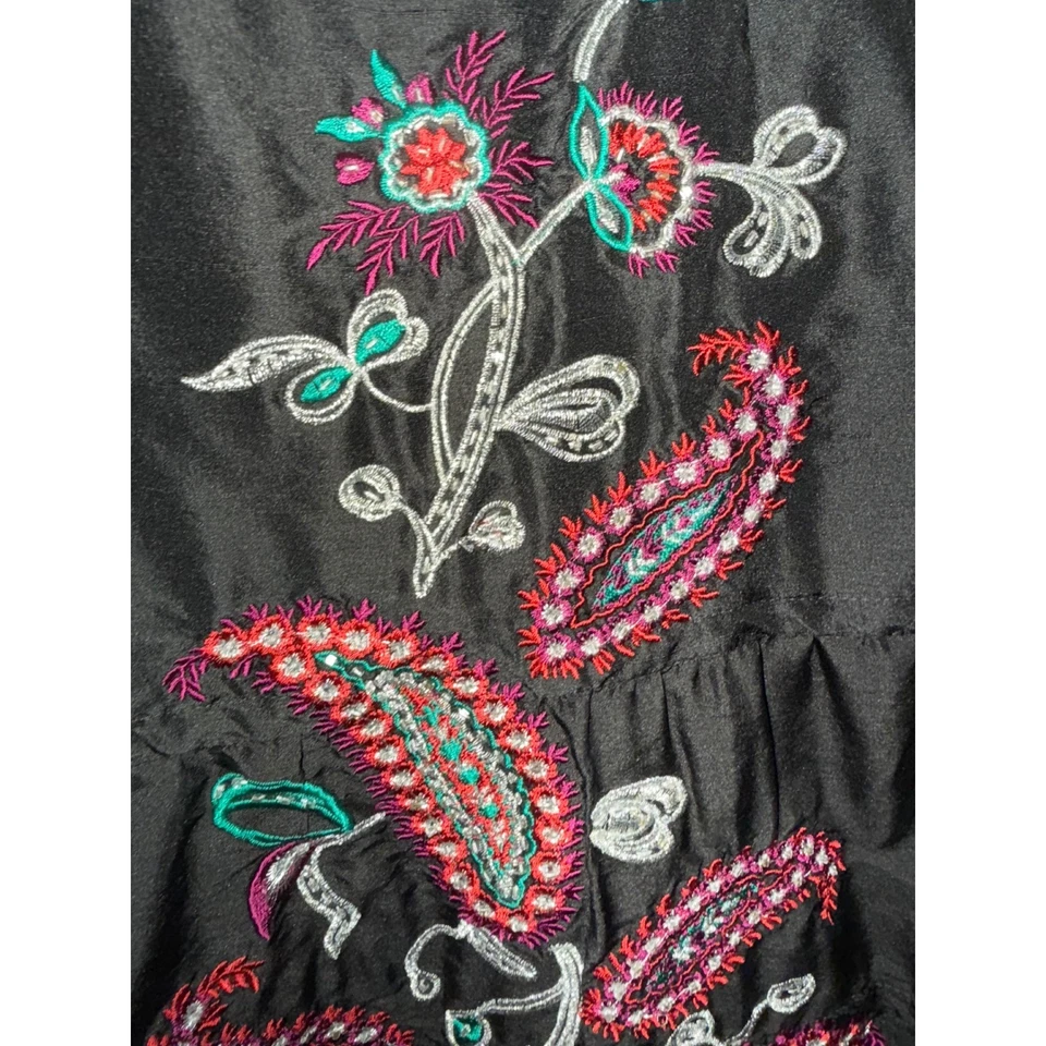 Falda Boho Vintage Años 90 Western Silk Carole Negra Bordada en Niveles Paisley 12 Foto 4 de 4