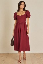 Reformation Davila Linen Midi Dress Chianti Burgundy Puff Sleeve Smocked Back 0