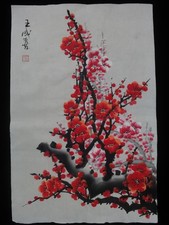 Rare Old Chinese Hand Painted Red Plum Blossom Ink Painting with Mark