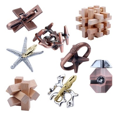 Wooden and Metal Brain Teaser Puzzles 3D Educational IQ Game set 8 PCS