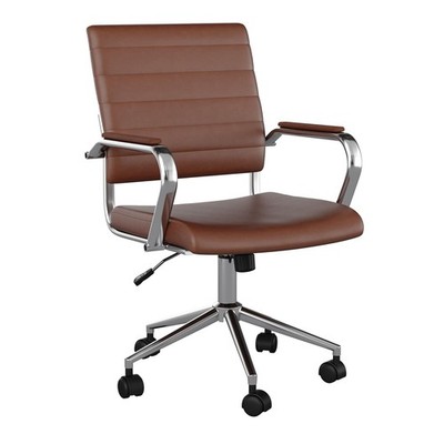 Piper Swivel Task Chair with Armrests for Home Office in Saddle Brown Faux Le...