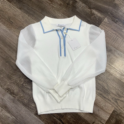 Siani Milano Polo Sweater S White Sheer Ribbed Sleeves Crystal Blue Trim Accents