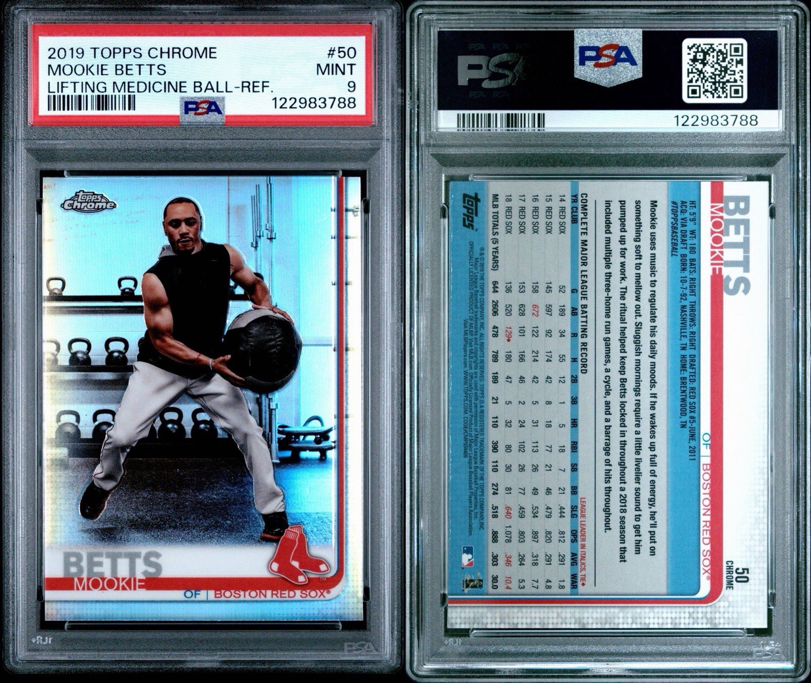 2019 Topps Chrome Mookie Betts Lifting Medicine Ball Variation Refractor PSA 9 view 3