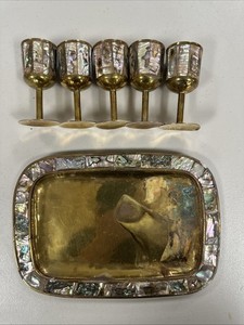 Vintage Brass Abalone Cordial Cocktail Set pieces EUC