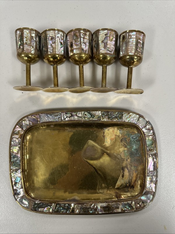 Vintage Brass Abalone Cordial Cocktail Set pieces EUC