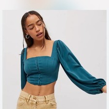 Urban Outfitters Teal Corset Puff Sleeve Crop Top Square Neck Hook Eye XS fairy