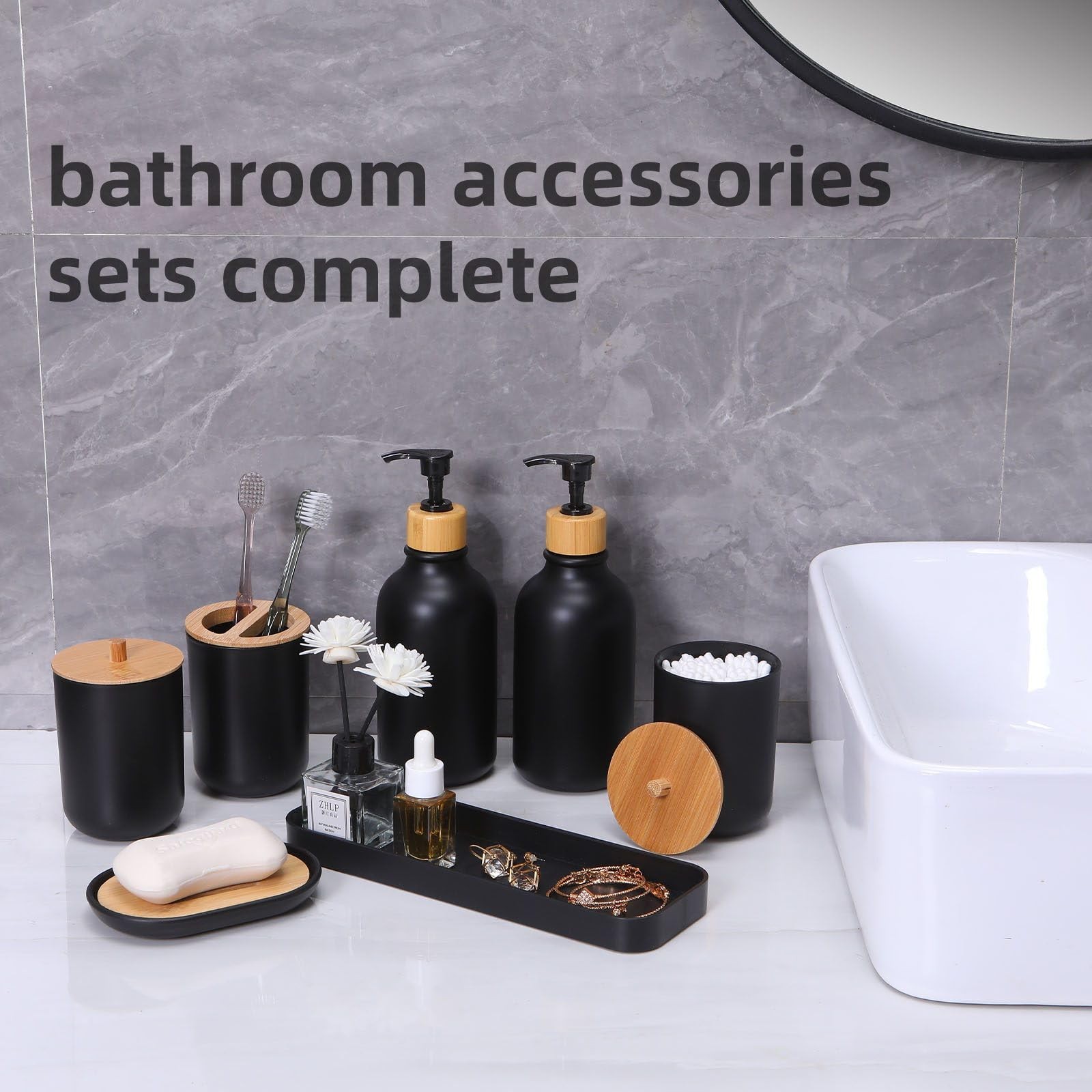 Matte Black Bathroom Accessories Set 9PCS,Bamboo Bathroom Accessories Sets Co...