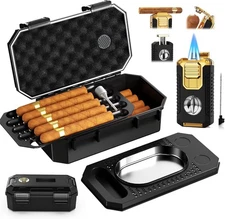 Travel Cigar Humidor Box set with Ashtray Torch Lighter Black