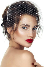 Mesh Veil Headband Fascinators Hat 1920s Headpiece One Size Rhinestone White