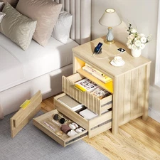 24" Wide LED Nightstand with 3 Drawer, Wood Bedside Table with Charging port